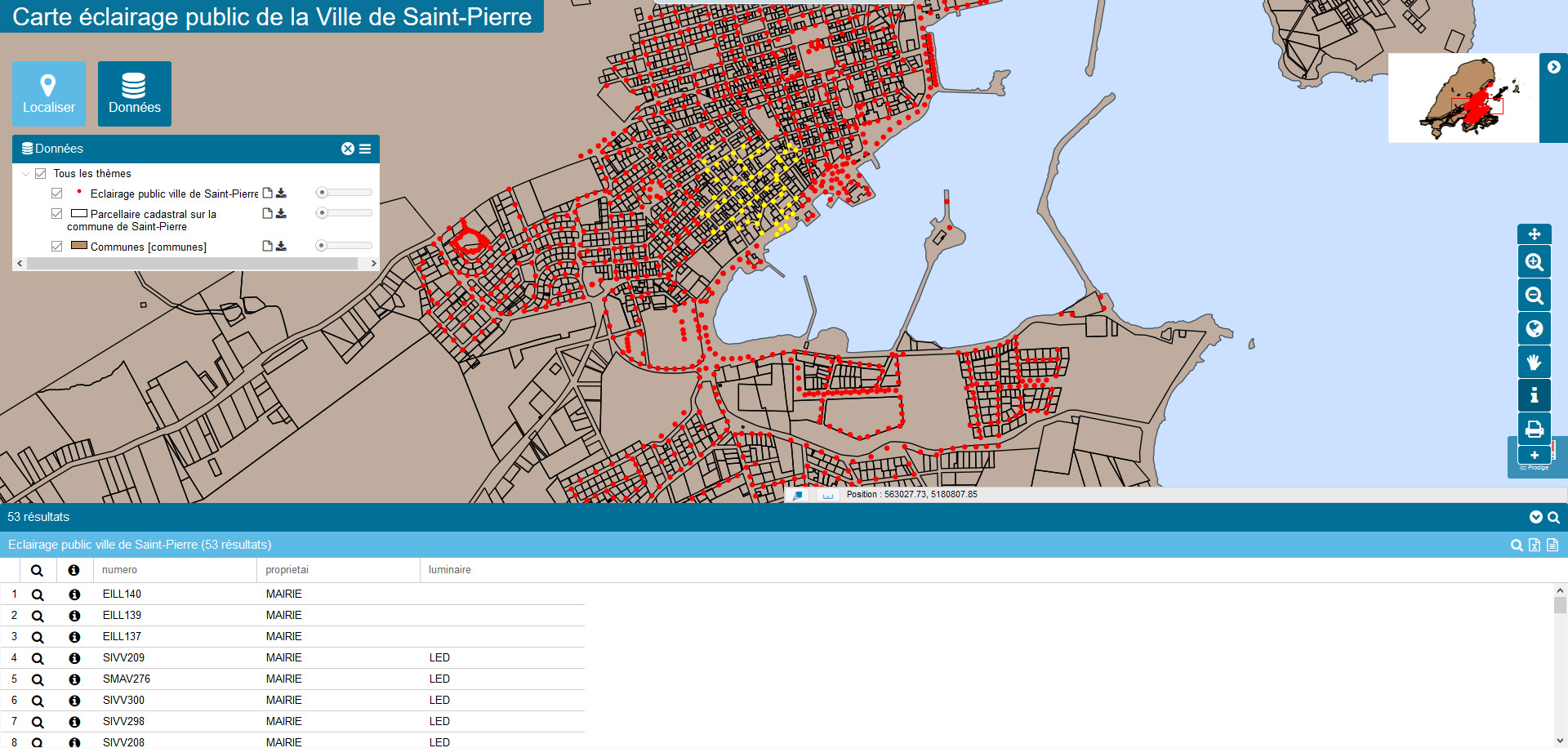 Exemple de carte thématique plus spécialisée, celle de l'éclairage public de St-Pierre permet de connaître la localisation et la propriété des équipements.