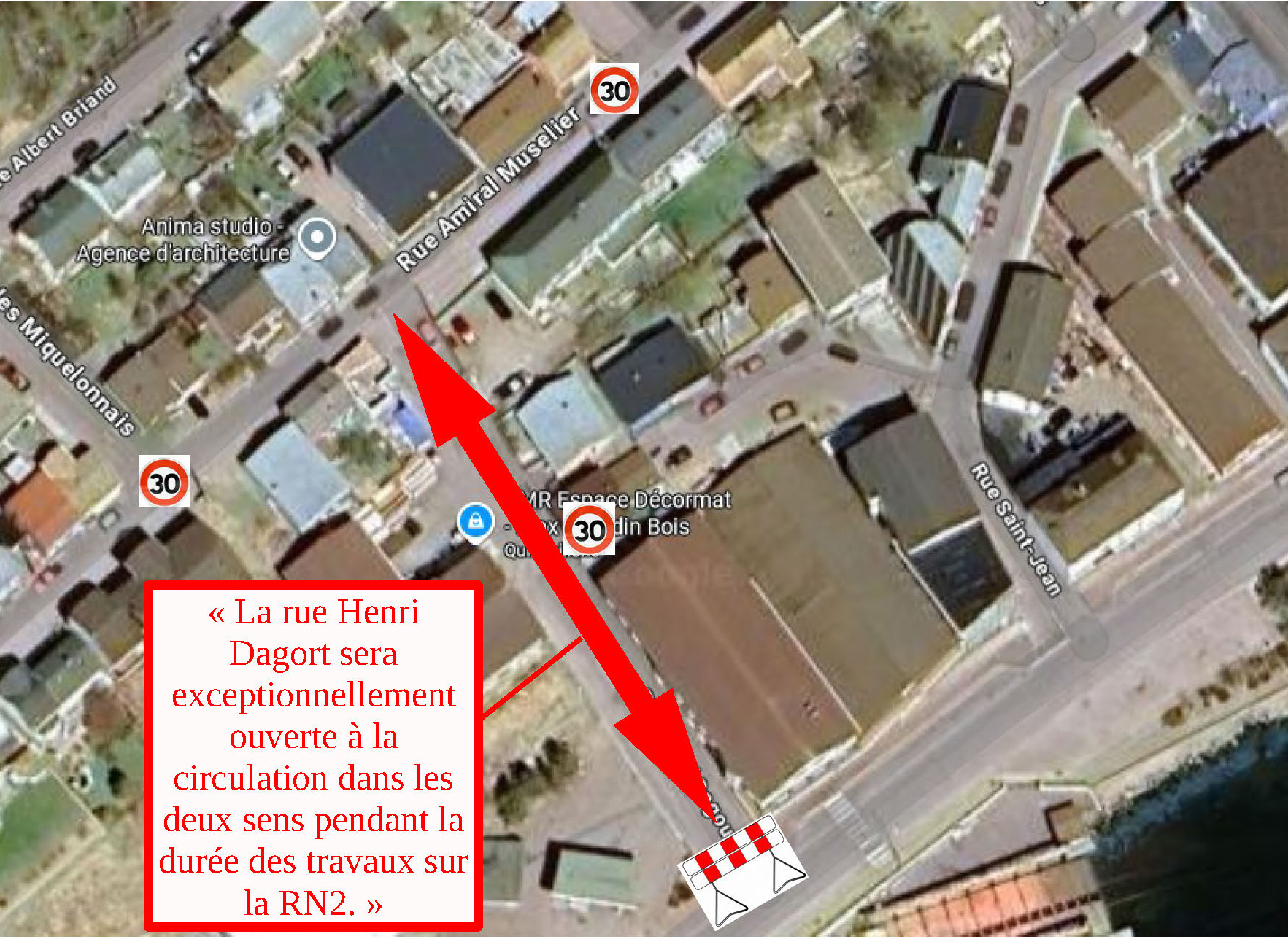 Une signalisation temporaire est mise en place aux abords de la Rue Henri Dagort